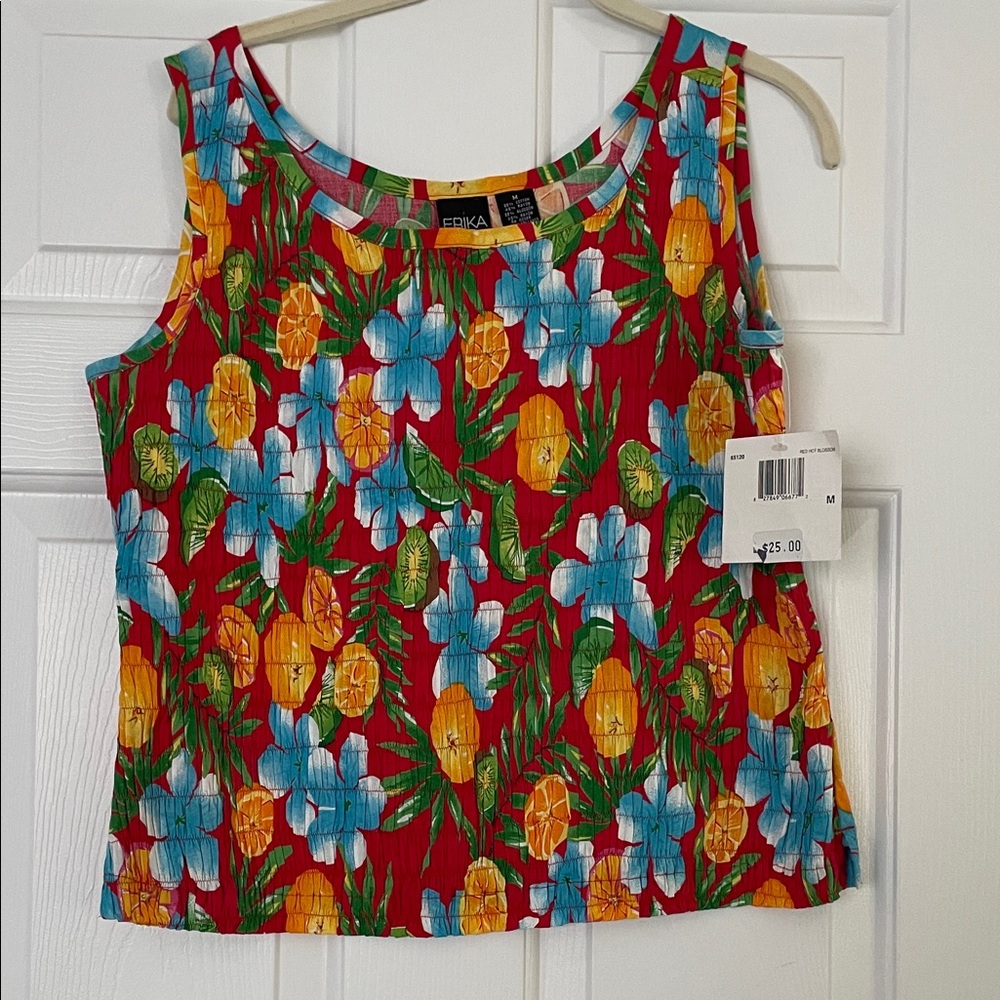 Erika Women's Tropical Floral Tank Top - Red and Blue